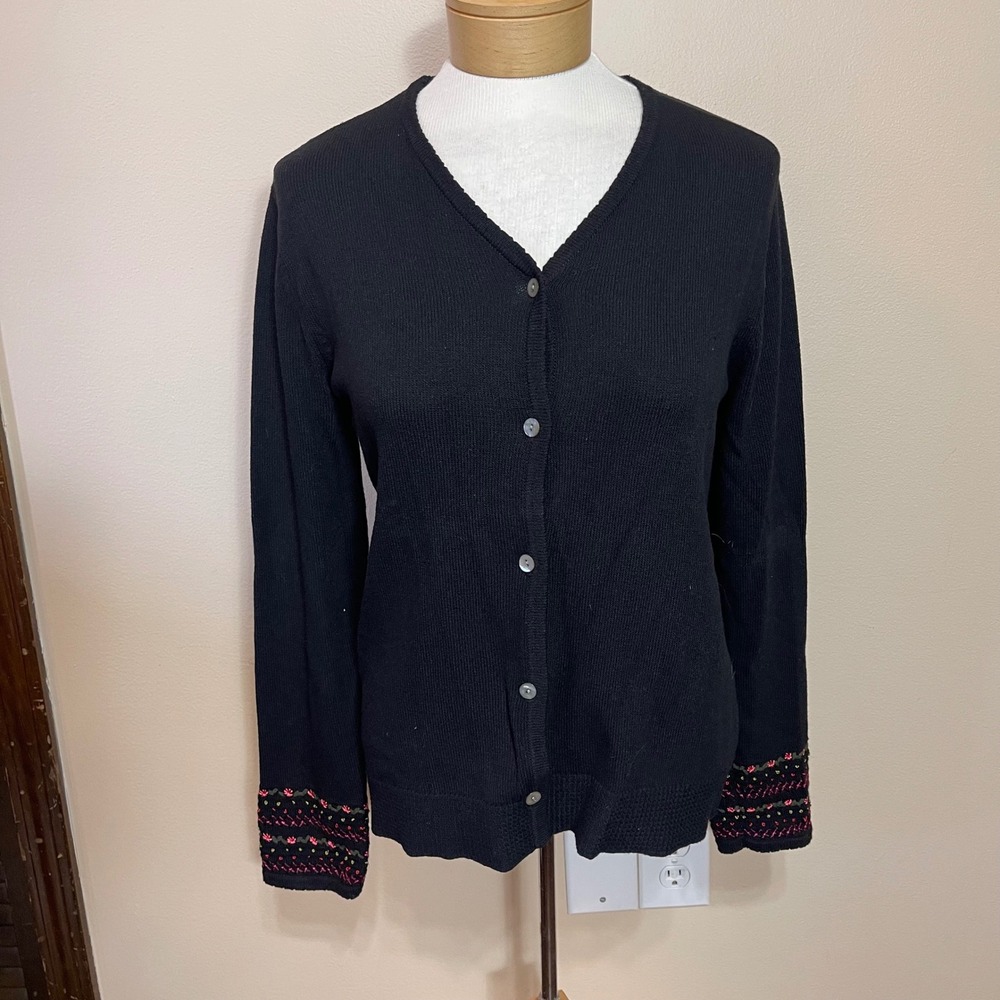 Susan Bristol Black Hand Embroidered Tree Scenic Cardigan Sweater Womens Medium